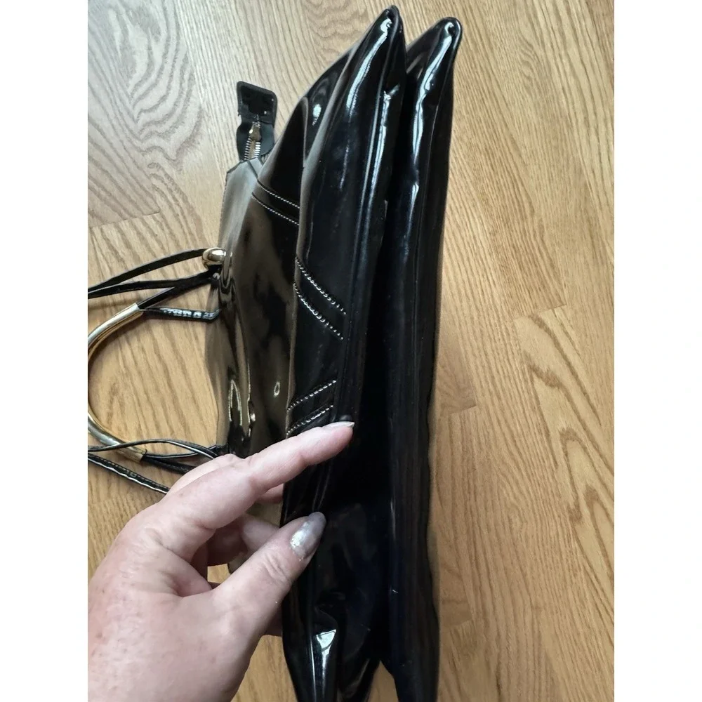 Vintage Black Glossy Purse Gold Bar Handle Y2K Patent Look Handbag‎